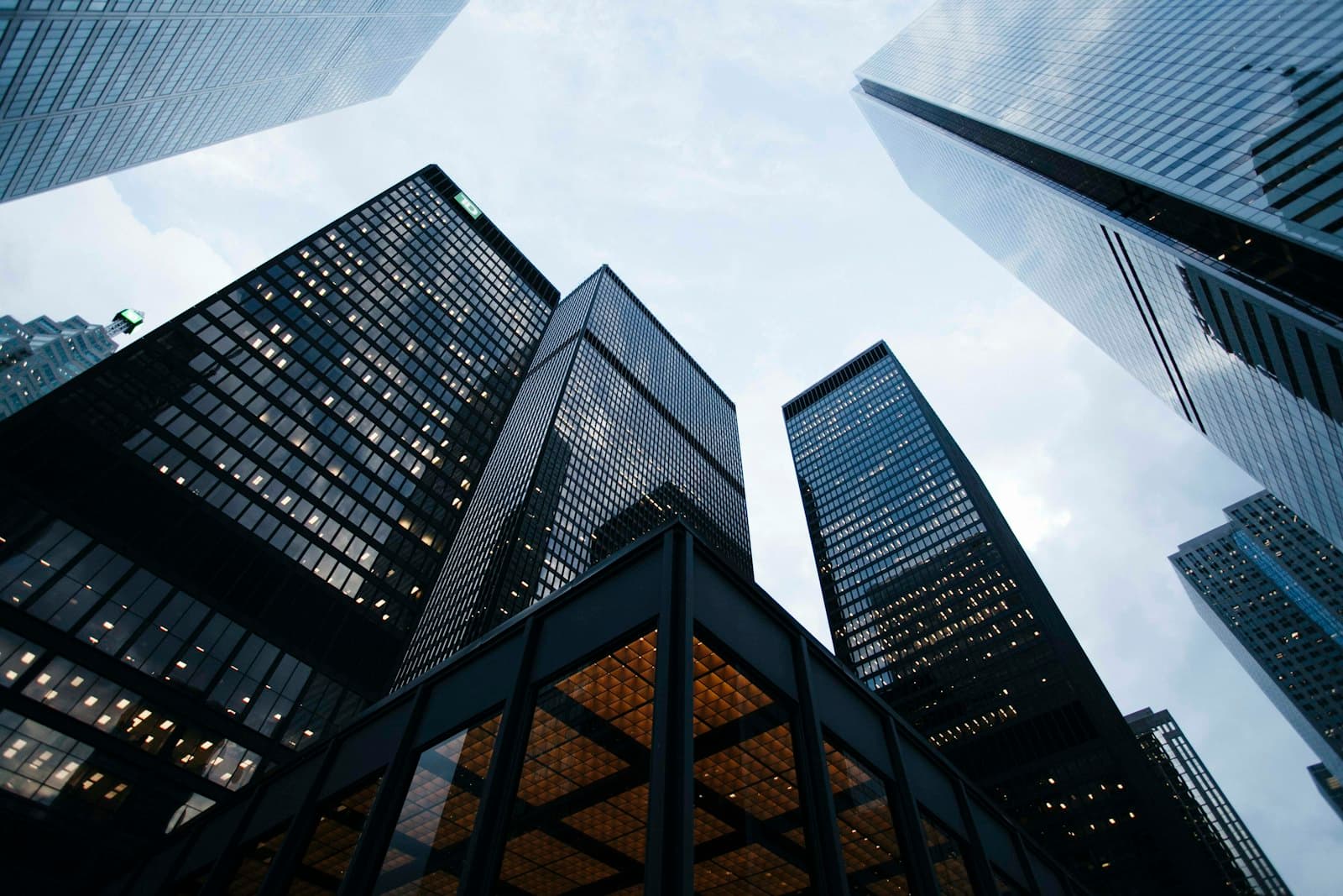 Commercial high-rise towers viewed from street level