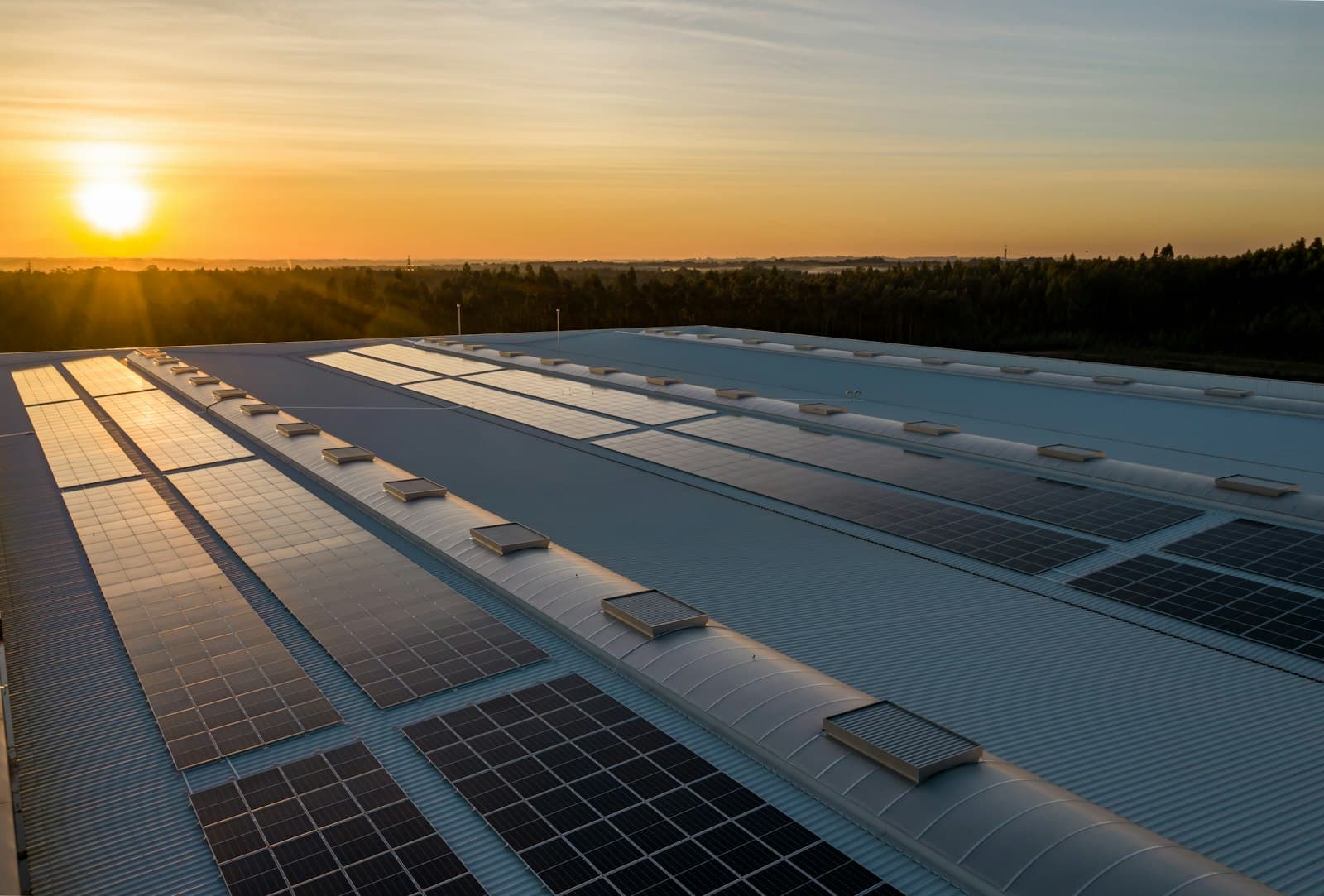 A large rooftop solar array at sunset
