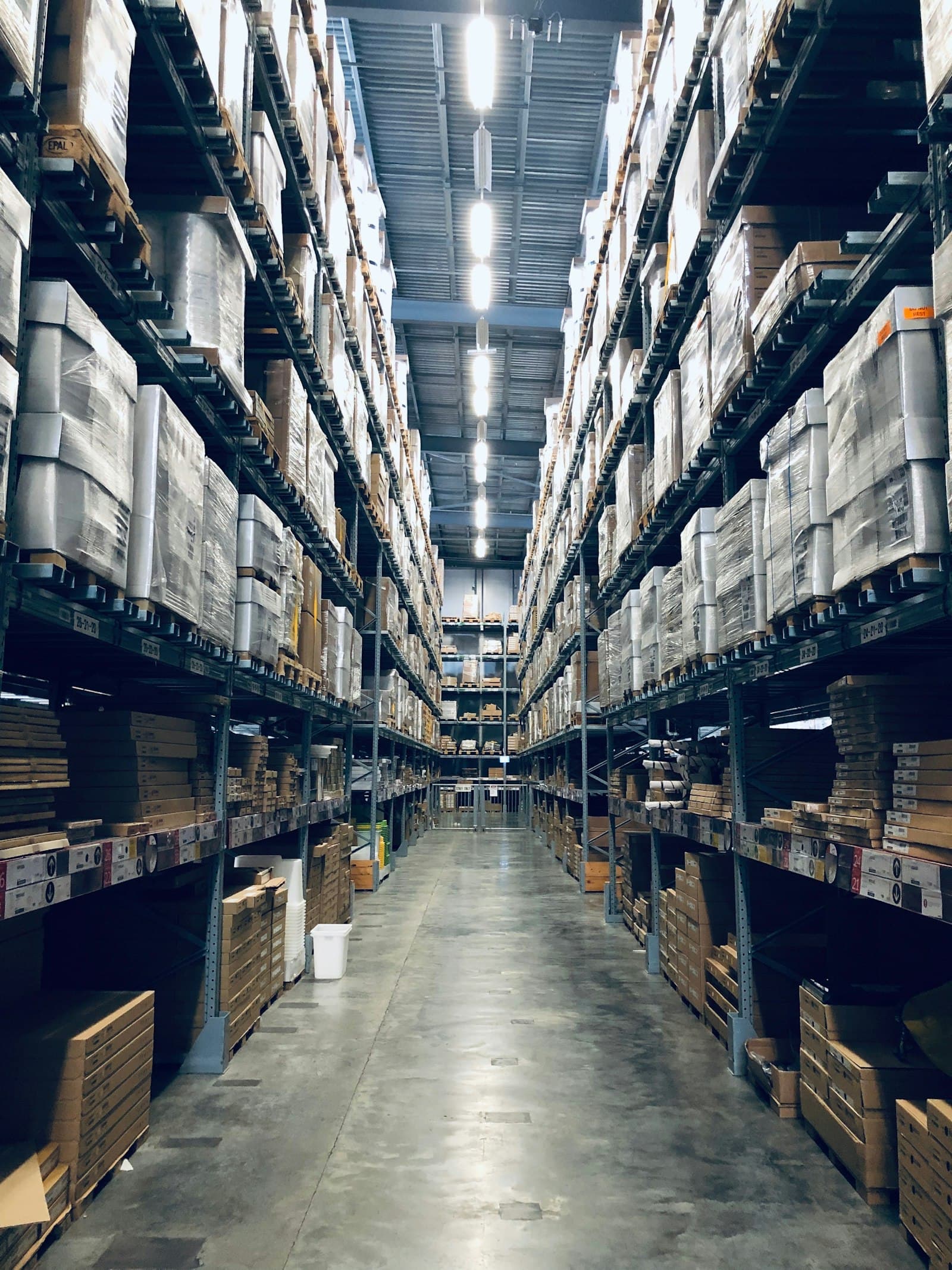 A stocked warehouse aisle